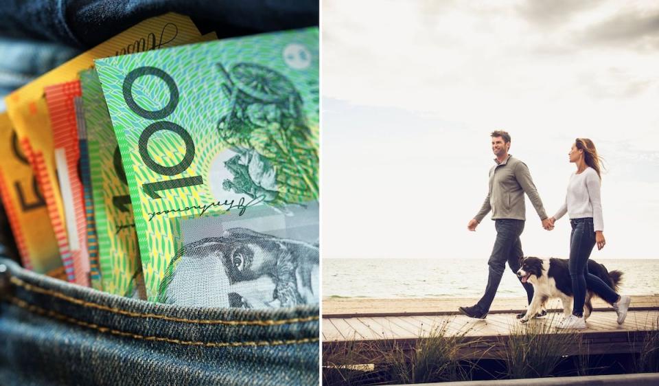 Compilation image of money in back pocket and happy, carefree couple walking with their dog