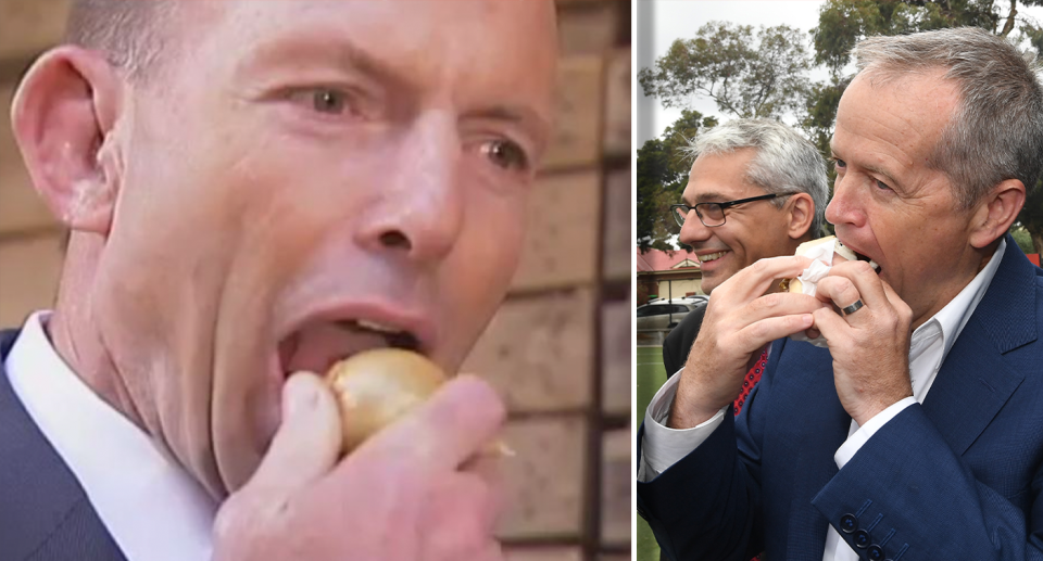 Left - Tony Abbott eating a raw onion. Right - Bill Shorten eating a democracy sausage from the middle.