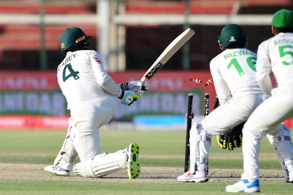 Alex Carey, pictured here being dismissed for 93 as Australia batted the whole day against Pakistan.