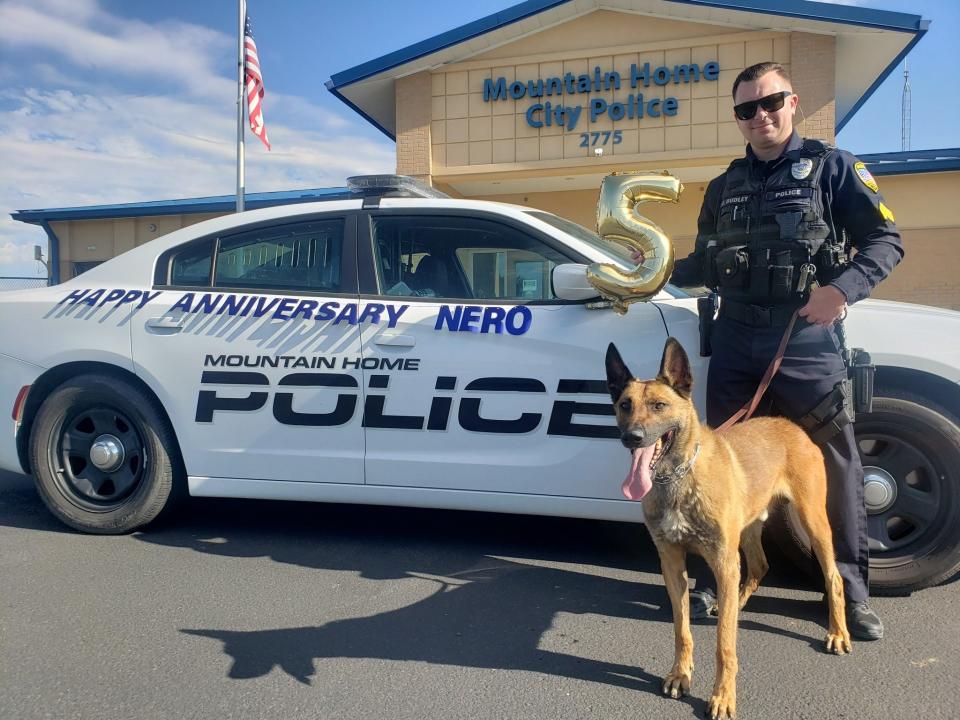 Mountain Home, Idaho, K-9 dog Nero and his handler on Aug.  25, 2023.