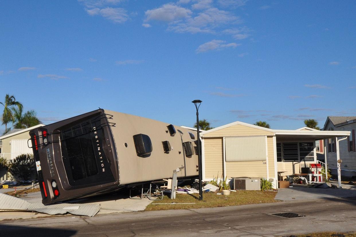 The Indian Creek RV Resort in Fort Myers took the brunt of winds and water. An RV is tossed into another home, captured on Sunday, Oct, 2 in Fort Myers, Fla.