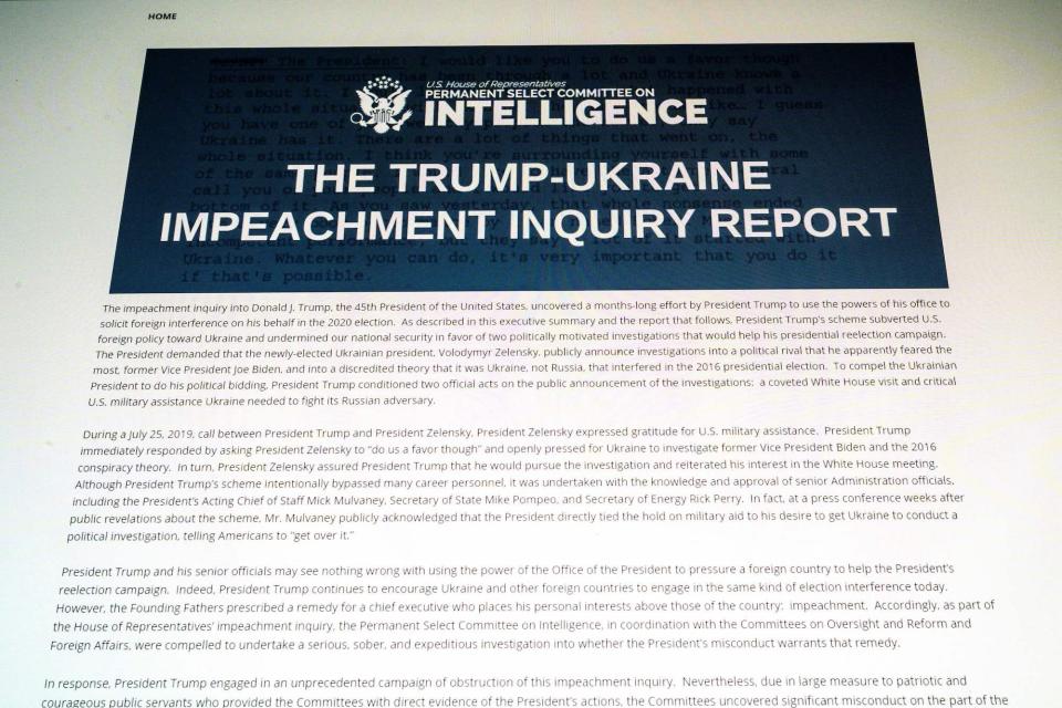 This photo of a computer screen shows a copy of the Permanent Select Committee on Intelligence Report of The Trump-Ukraine Impeachment Inquiry Report on December 3, 2019 in Washington,DC.