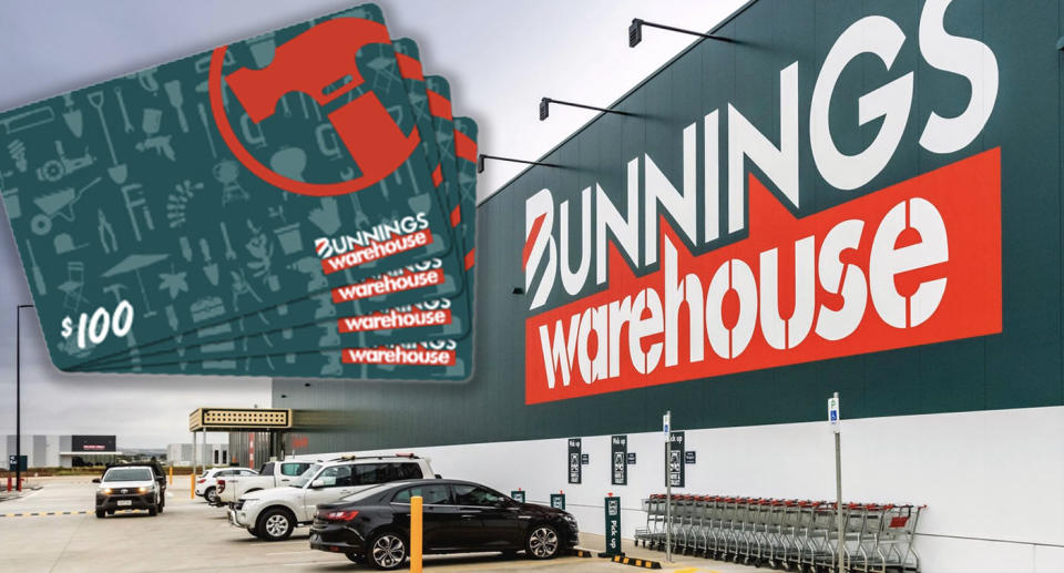Bunnings store front with an inset of gift cards on top.