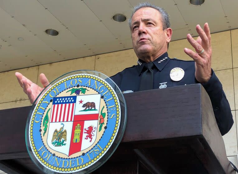 Aug. 26, 2020, file photo, Los Angeles Police Chief Michel Moore speaks during a news conference outside LAPD headquarters.