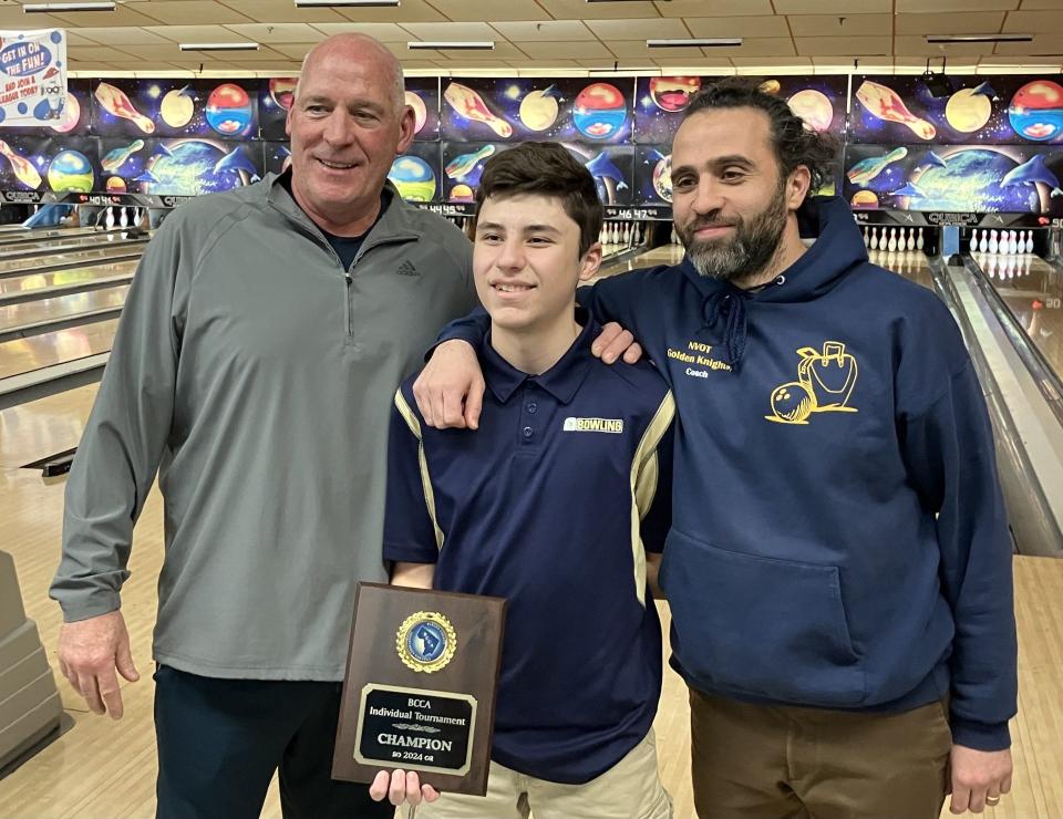 Old Tappan left-hander Will Poggi captured the Bergen County boys individual bowling championship on Feb. 6, 2024 at Bowler City in Hackensack. From left: Golden Knights assistant Tim Byron, Poggi, head coach Steve Ahad.