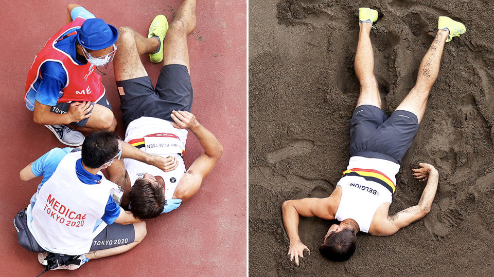 Thomas Van der Plaetsen, pictured here in agony during the long jump event in the decathlon.