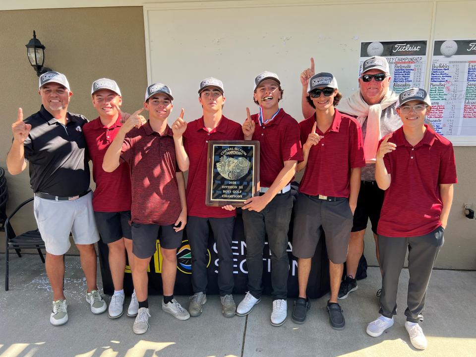 Tulare Union won the 2024 Central Section Division III high school boys golf championship on May 7 at Lemoore Golf Course. The championship team, pictured, left to right: head coach Andre Martinez, Ezra Martinez, Robbie Correia, Ethan Cardoza, Gavin Wilson, Blake Morais, assistant coach Mark Hatton and Jaxon Medeiros.