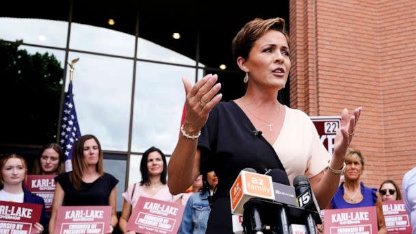 PHOTO: Kari Lake, Republican candidate for Arizona governor, speaks at a news conference in Phoenix, Aug. 3, 2022. (Ross D. Franklin/AP)