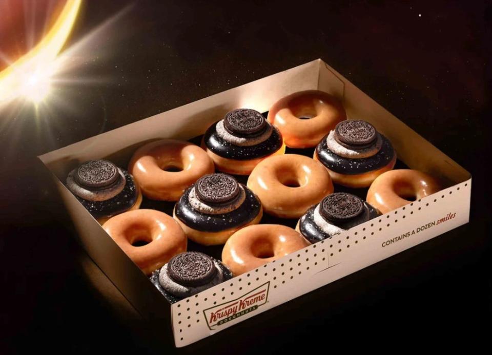 Capitalizing on this month’s total solar eclipse, several companies, including Krispy Kreme, are introducing eclipse-branded products and promotions. Krispy Kreme is selling its Total Solar Eclipse Doughnut.