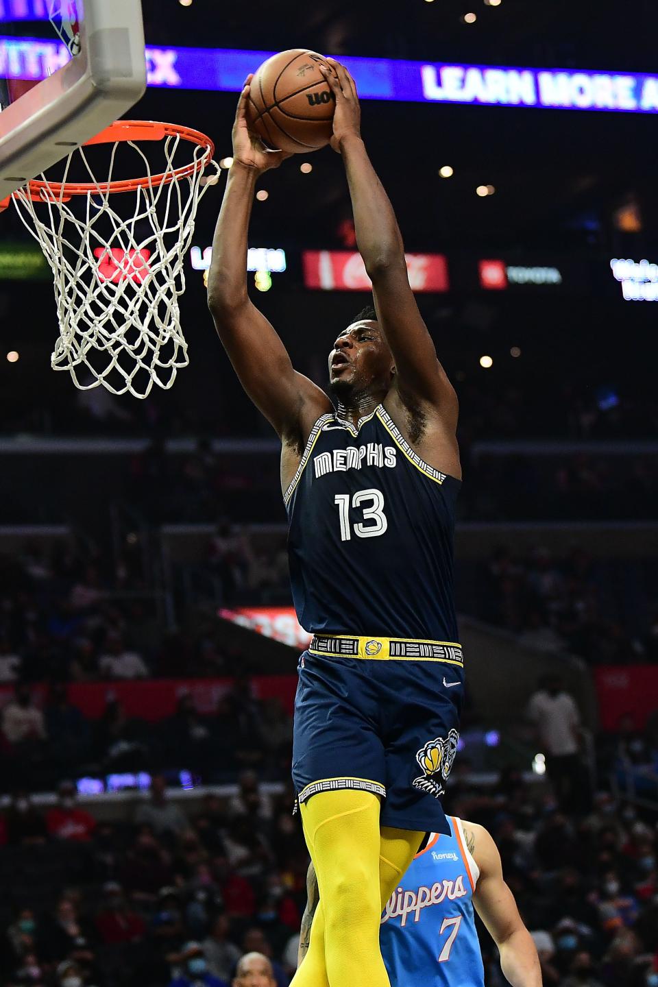Jan 8, 2022; Los Angeles, California, USA; Memphis Grizzlies forward Jaren Jackson Jr. (13) dunks for a basket against the Los Angeles Clippers during the first half at Crypto.com Arena.