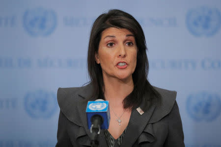 FILE PHOTO: U.S. Ambassador to the United Nations Nikki Haley speaks at UN headquarters in New York, U.S., January 2, 2018. REUTERS/Lucas Jackson