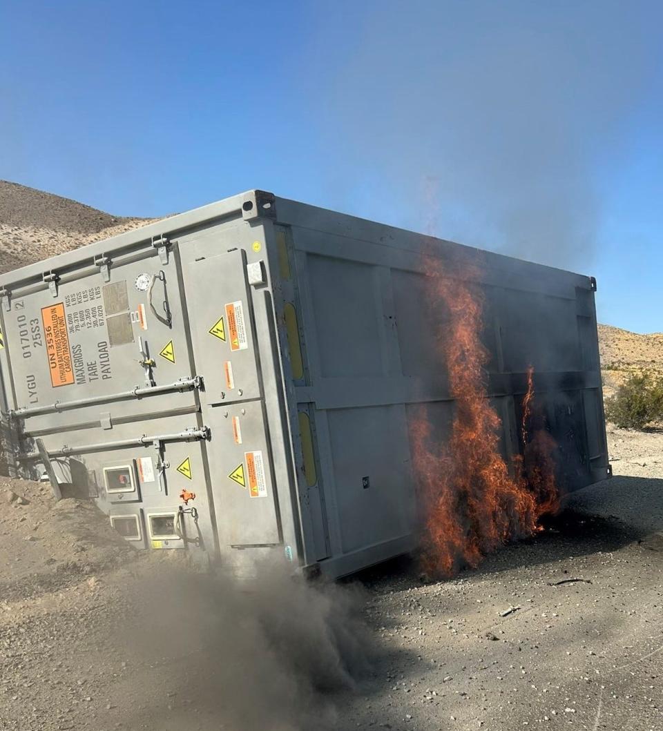 A big rig hauling lithium-ion batteries overturned and caught fire, prompting a full closure of the 15 Freeway between Barstow and Baker on Friday, July 26, 2024.