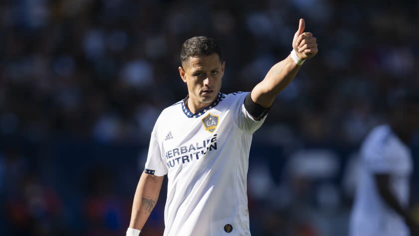 Galaxy forward Javier "Chicharito" Hernandez flashes a thumbs up during a 2022 match