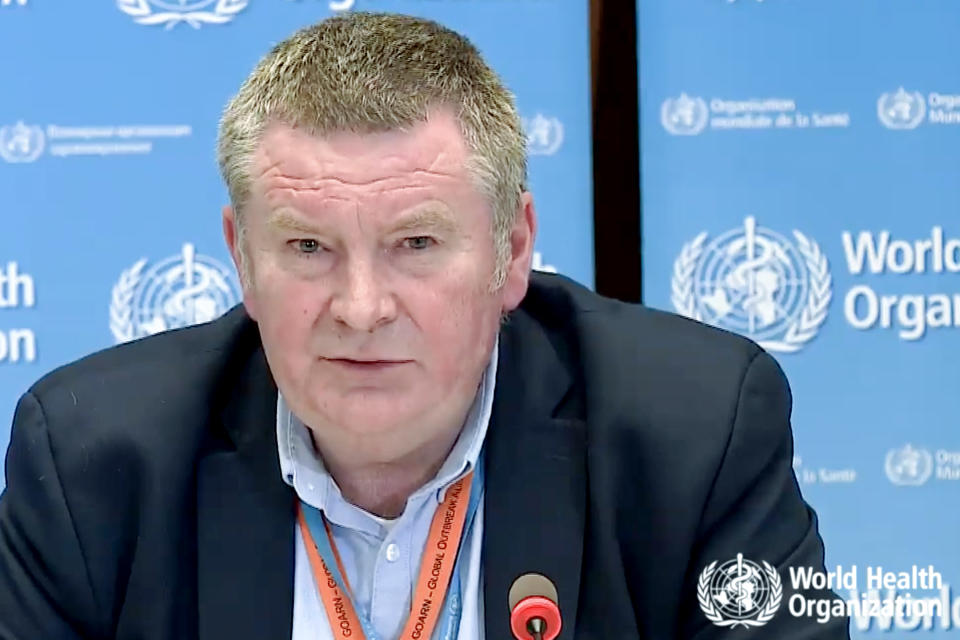 A tv grab taken from the World Health Organization website shows World Health Organization (WHO) Health Emergencies Programme Director Michael Ryan delivering a virtual news briefing on COVID-19 (novel coronavirus) at the WHO headquarters in Geneva on March 23, 2020. - The new coronavirus pandemic is clearly "accelerating", WHO chief warned on March 23, 2020, but stressed it was still possible to "change the trajectory" of the outbreak. (Photo by - / AFP) (Photo by -/AFP via Getty Images)