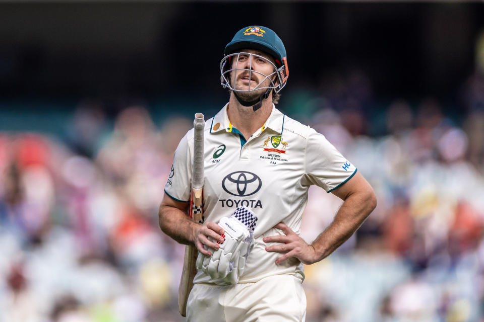 MELBOURNE, AUSTRALIA - DECEMBER 28: Mitch Marsh of Australia looks disappointed after missing his century during Day 3 of the Boxing Day Test - Day 3 match between Australia and Pakistan at the Melbourne Cricket Ground on December 28, 2023 in Melbourne, Australia. (Photo by Santanu Banik/Speed Media/Icon Sportswire via Getty Images)