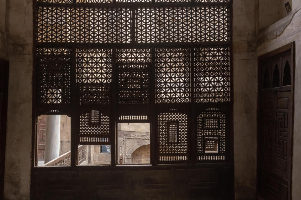 The mashrabiya windows inside the historic Wasila House in Cairo. (Sima Diab for The Washington Post)