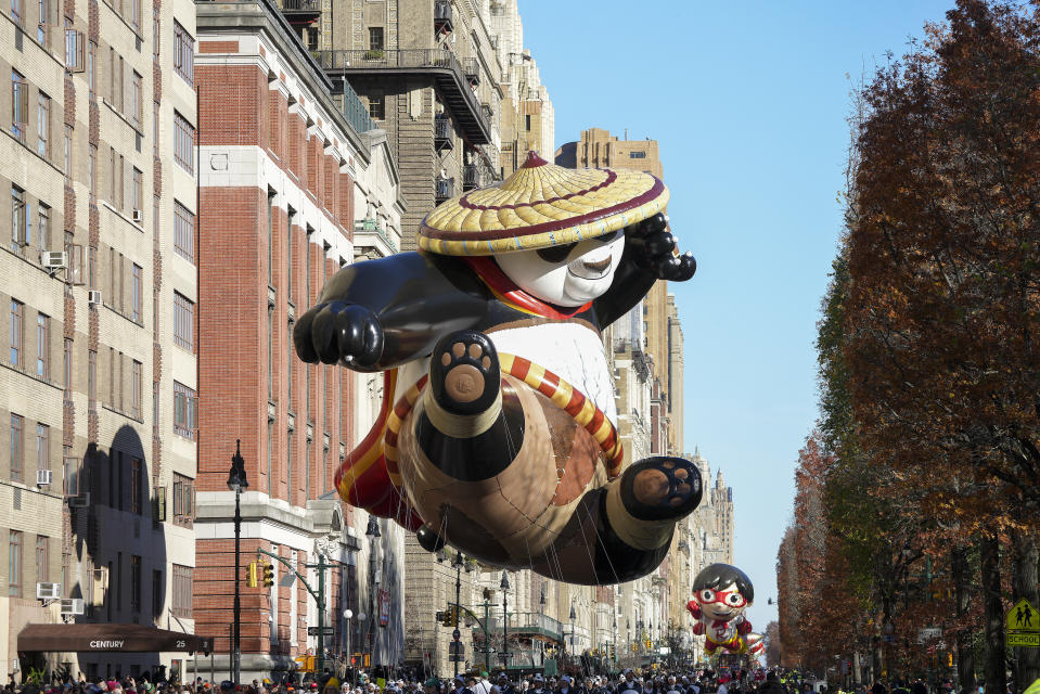 Kung Fu Panda's Po balloon floats along Central Park West during the Macy's Thanksgiving Day parade, Thursday, Nov. 23, 2023, in New York. (AP Photo/Jeenah Moon)