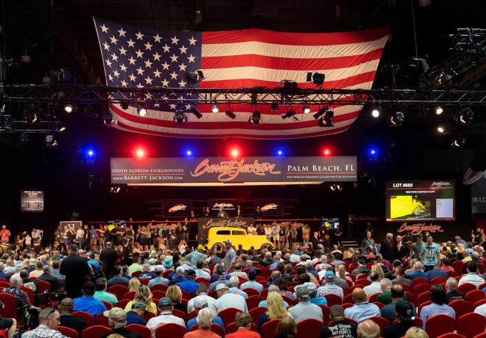 1933 Ford Custom Coupe on the auction block during the Barrett-Jackson Car Show 2022 Palm Beach Auction at the South Florida Fairgrounds.