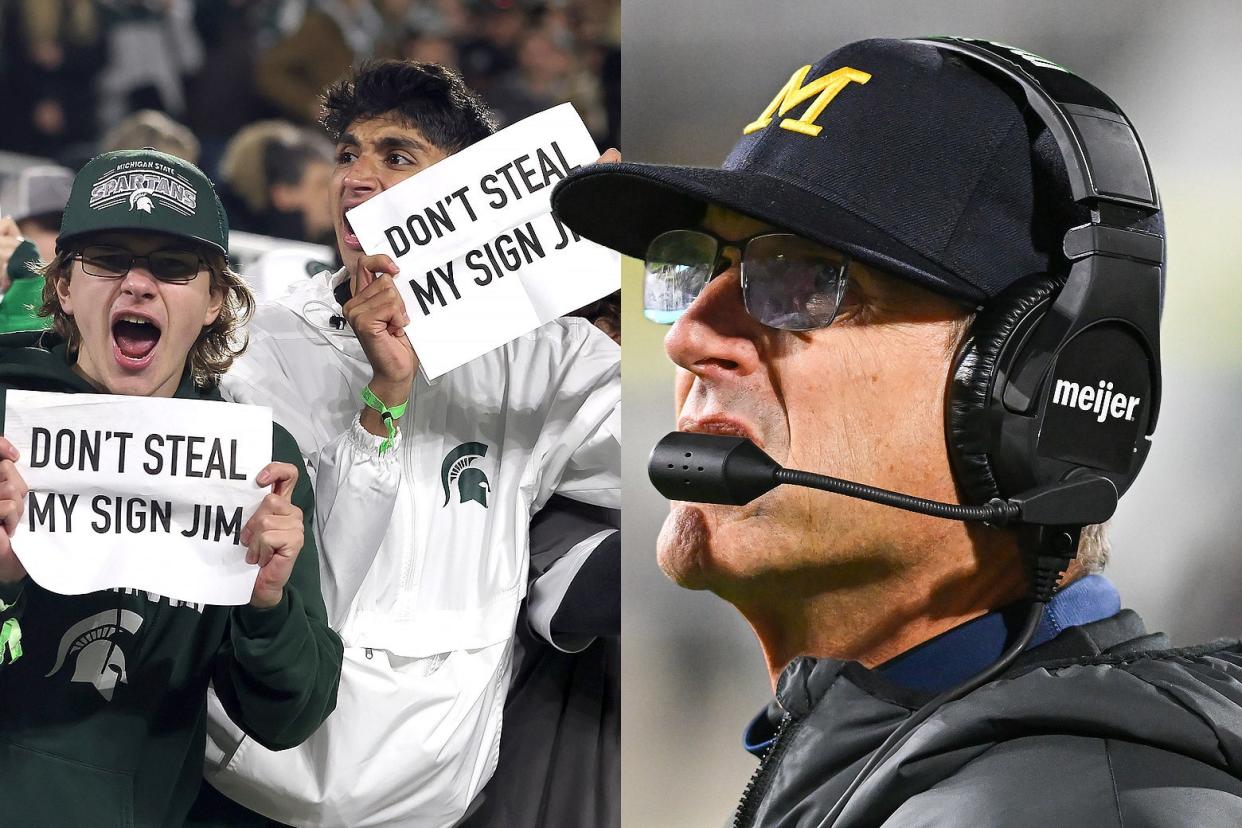 Left, MSU fans hold signs reading "Don’t steal my sign, Jim." Right: Jim Harbaugh in hat and headset on the sideline, looking up.