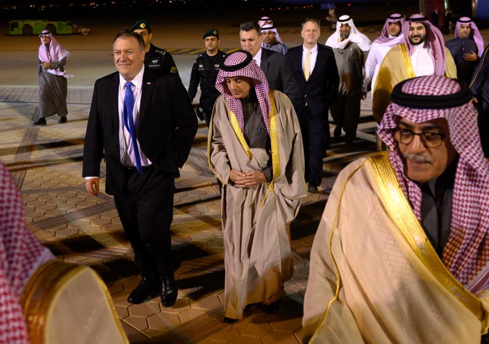 US Secretary of State Mike Pompeo, left, is greeted by Saudi's Minister of State for Foreign Affairs Adel al-Jubeir in Riyadh on Sunday, January 13, 2019, during his Middle East tour.