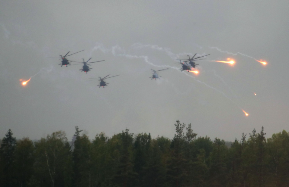 Russian Mi-8 helicopters perform exercises during the Zapad West 2017 war games (Picture: Rex)