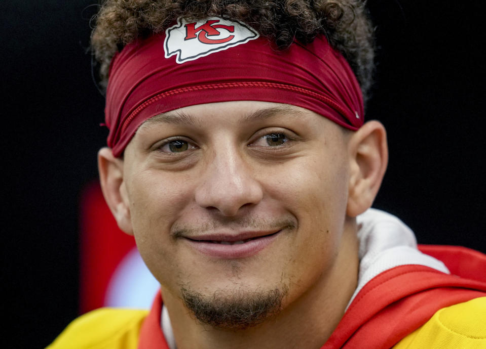 Kansas City Chiefs quarterback Patrick Mahomes attends a press conference in Frankfurt, Germany, Friday, Nov. 3, 2023. The Kansas City Chiefs are set to play the Miami Dolphins in a NFL game in Frankfurt on Sunday Nov. 5, 2023. (AP Photo/Michael Probst)