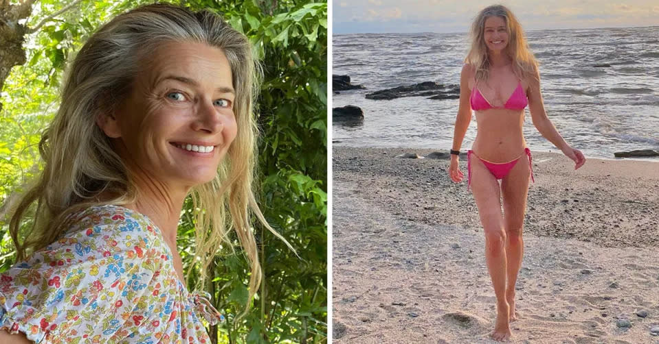 Supermodel Paulina Porizkov wears a bikini on a beach. 