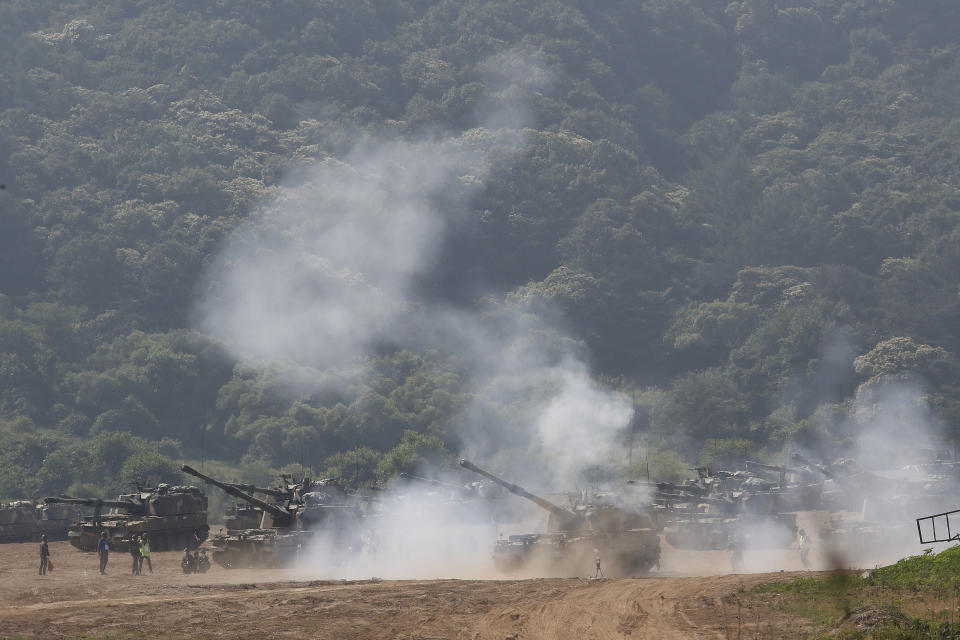 South Korean army K-9 self-propelled howitzers fire during the annual exercise in Paju, South Korea, near the border with North Korea, Tuesday, June 23, 2020. A South Korean activist said Tuesday hundreds of thousands of leaflets had been launched by balloons across the border with North Korea overnight, after the North repeatedly warned it would retaliate against such actions. (AP Photo/Ahn Young-joon)