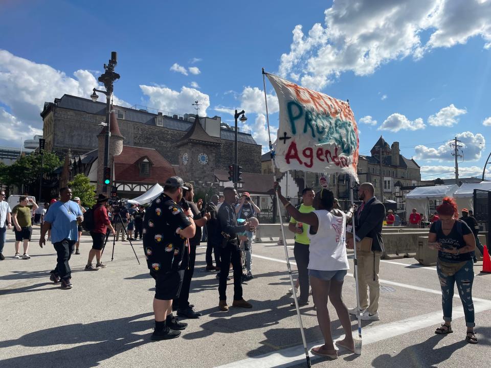 Conflicting groups gather at a hard security entry point at North King Drive and West Highland Avenue on Wednesday, July 17, 2024.