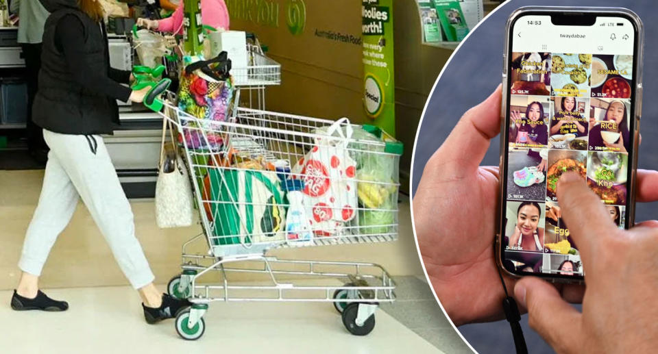 A shopping trolley full of groceries with an inset of someone using TikTok.
