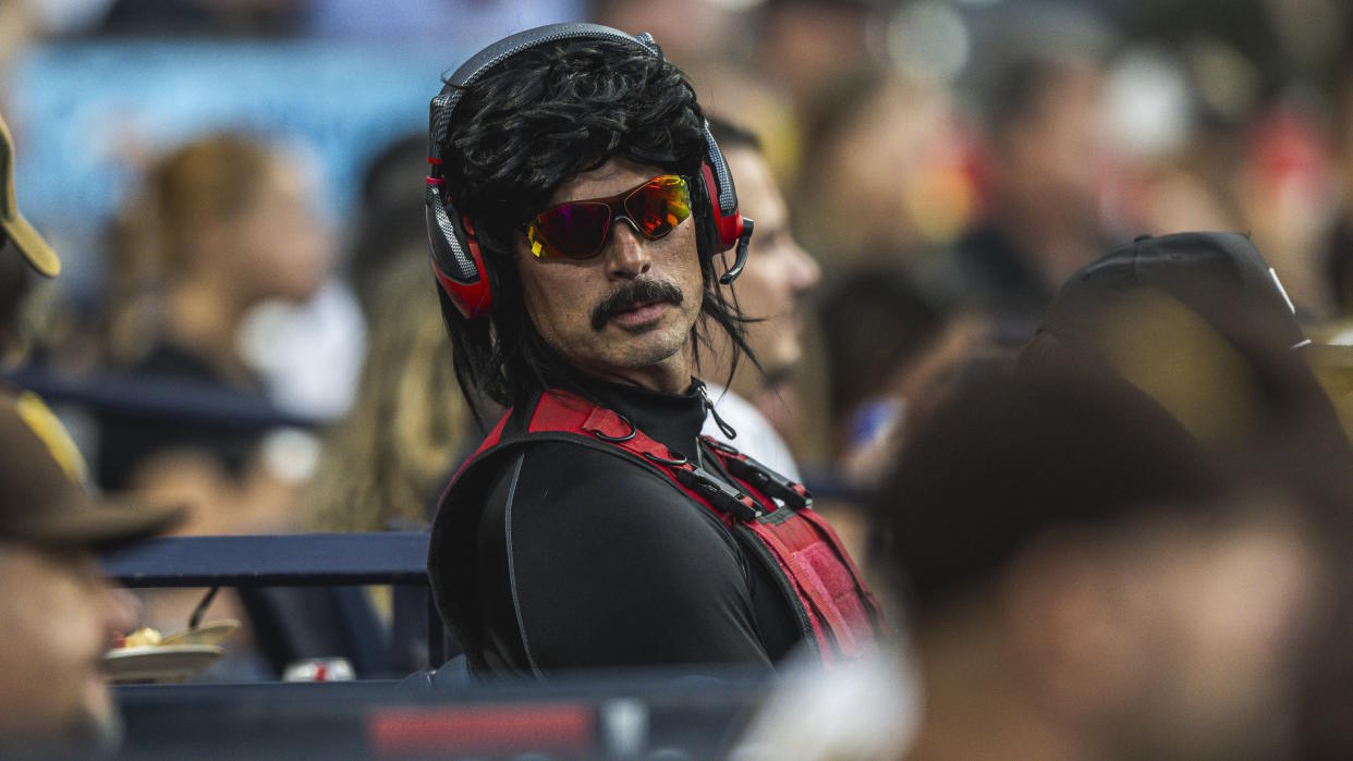  SAN DIEGO, CA - JULY 25: Video-game streamer Dr DisRespect sits in the stands during the game as the San Diego Padres face against the Pittsburgh Pirates on July 25, 2023 at Petco Park in San Diego, California. (Photo by Matt Thomas/San Diego Padres/Getty Images). 