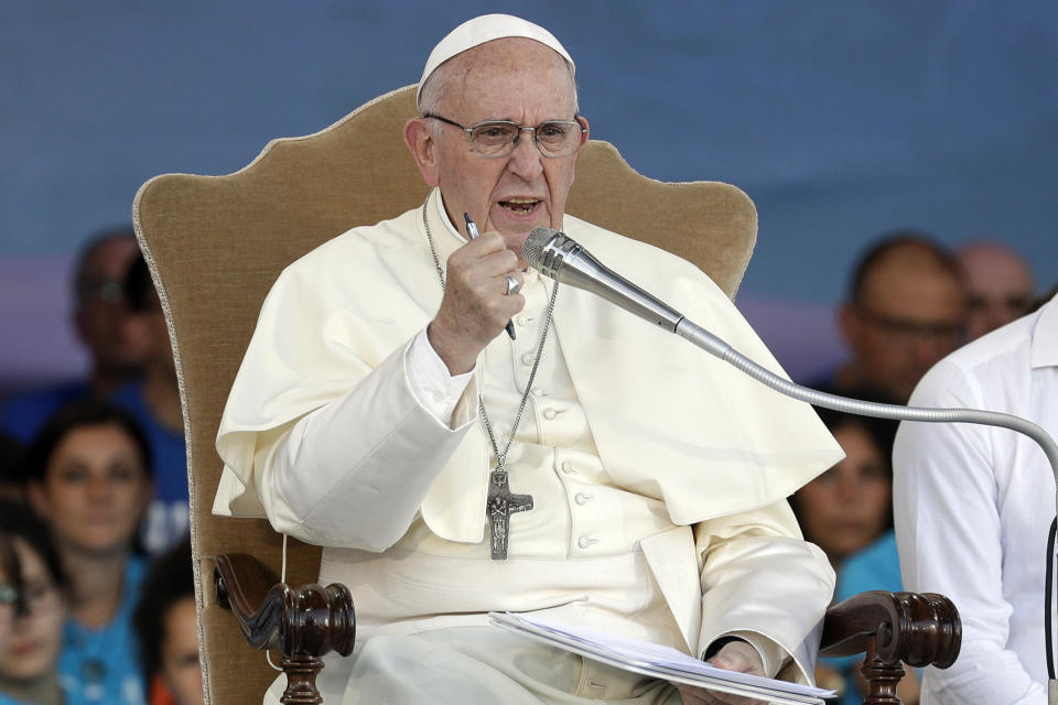 Pope Francis delivers his speech as he leads an evening prayer vigil with youths, at Rome's Circus Maximus, Saturday, Aug. 11, 2018. Thousand of youths gathered for the meeting with the pontiff in preparation for the next World Youth Day that will be held in Panama next year. (AP Photo/Andrew Medichini)