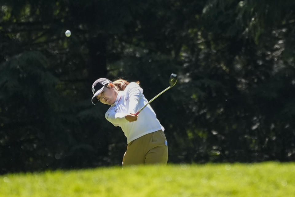 Ayaka Furue, of Japan, hits off the ninth tee during a practice round for the Womens PGA Championship golf tournament at Sahalee Country Club, Wednesday, June 19, 2024, in Sammamish, Wash. (AP Photo/Gerald Herbert)