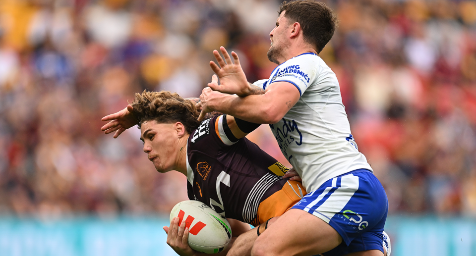 Seen here, Reece Walsh being tackled during Brisbane's humbling defeat at home to the Bulldogs. 