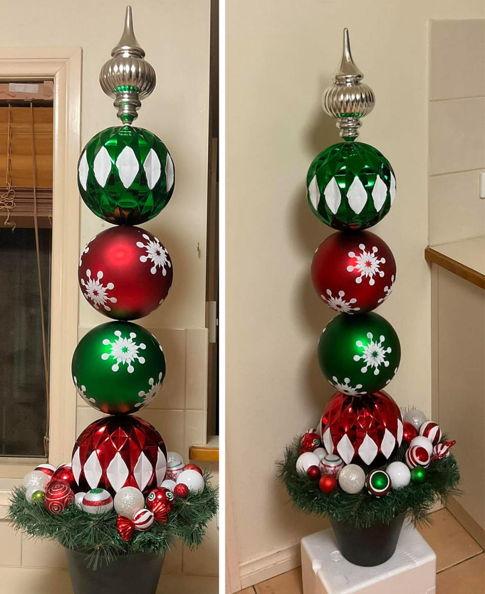 Two photos of a tree made from giant Kmart red and green baubles