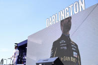 Driver Corey LaJoie is introduced to the crowd prior to a NASCAR Cup Series auto race at Darlington Raceway, Sunday, May 12, 2024, in Darlington, S.C. (AP Photo/Matt Kelley)