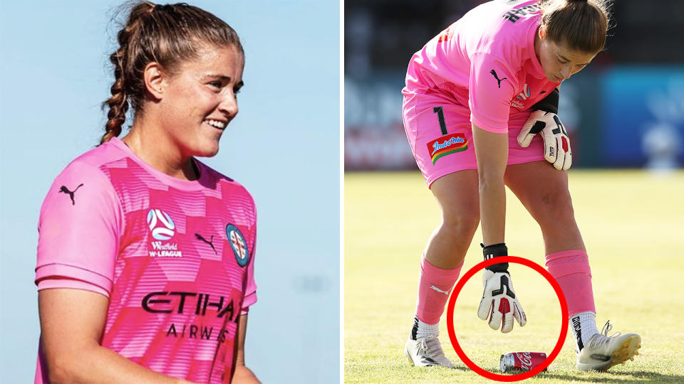 Melbourne City goalkeeper Teagan Micah had bottles and cans thrown at her in a disgraceful display from rival Melbourne Victory supporters. Pictures: Instagram/Getty Images