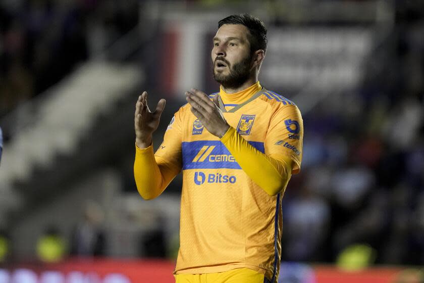 Tigres' Andre Pierre-Gignac reacts during a Mexican soccer league match against Cruz Azul, in Mexico City, Saturday, Feb. 17, 2024. (AP Photo/Eduardo Verdugo)