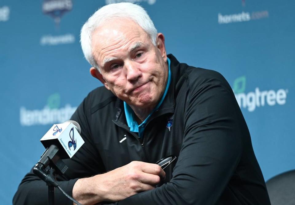 Charlotte Hornets general manager Mitch Kupchak discusses the team’s two first round draft picks in the NBA draft on Thursday, June 23, 2022 at Spectrum Center in Charlotte, NC. The Hornets selected Jalen Duren with the 13th pick and Mark Williams with the 15th pick. The team then traded the 13th pick Jalen Duren for multiple future draft picks. JEFF SINER/jsiner@charlotteobserver.com