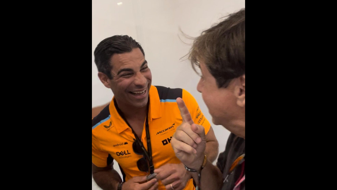 Francis Suarez shares a laugh with Fiat CEO Olivier Francois during the 2023 Miami Grand Prix.