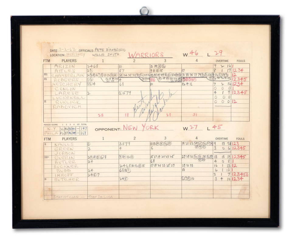 Warriors scorer Toby DeLuca had to make extra room to document Chamberlain's scoring. (Photo courtesy of SCP Auctions)