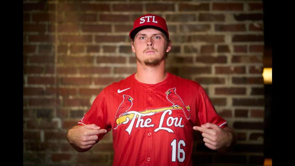 Nolan Gorman shown in new Cardinals uniform. The new uniforms, which feature red jerseys paired with white pants, includes a modern take on the iconic “Birds on the Bat” with chain-stitched lettering showcasing a familiar nickname for St. Louis (“The Lou”) that gained mainstream popularity through use by Nelly in his debut single and album, Country Grammar. The Cardinals’ City Connect jerseys mark the first time in franchise history that a red jersey will be produced for regular season play.