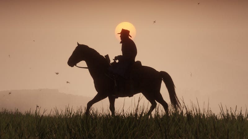 Arthur Morgan rides his horse across a grassy plain in Red Dead Redemption 2.