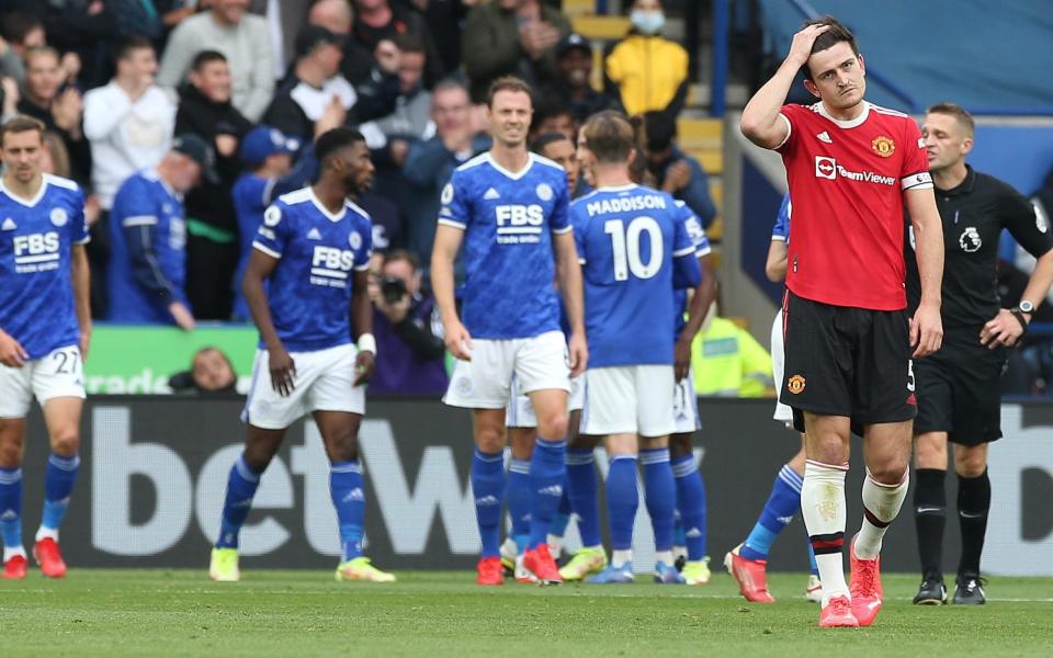 Harry Maguire of Manchester United reacts to conceding a goal to Youri Tielemans of Leicester City - Getty Images