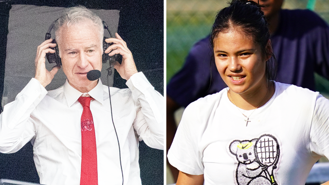 Tennis great John McEnroe (pictured left) during commentary and (pictured right) Emma Raducanu during practice.