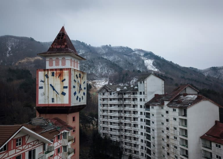 A rusty clock tower looms over the disused Alps Ski Resort, a former holiday destination in South Korea's far northeast close to the Demilitarized Zone