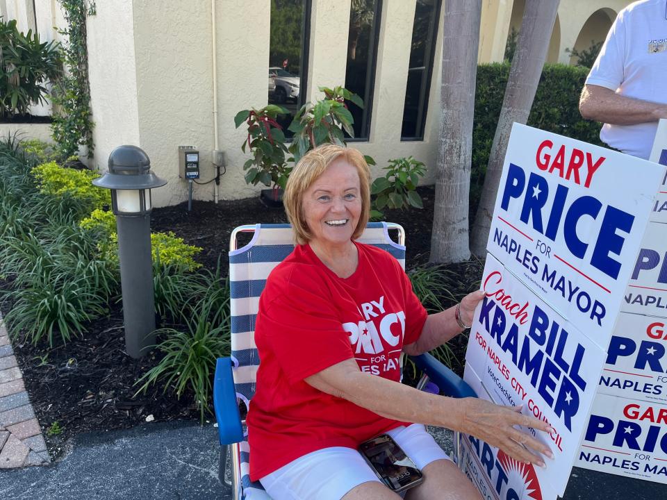 At St. John's Episcopal Church in Naples on March 19, 2024, Gary Price's mother, Betty Plumeri, campaigns for her son who is running for mayor.