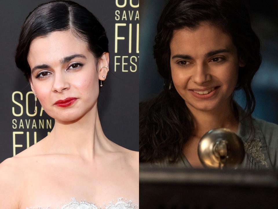 left: aria mia loberti, wearing a white strapless down and with silver makeup on her eyelids. she's smiling slightly and has her hair slicked back. right: loberti as marie-laure in all the light we cannot see, sitting in front of a radio microphone, warmly lit, and smiling with her hair worn down
