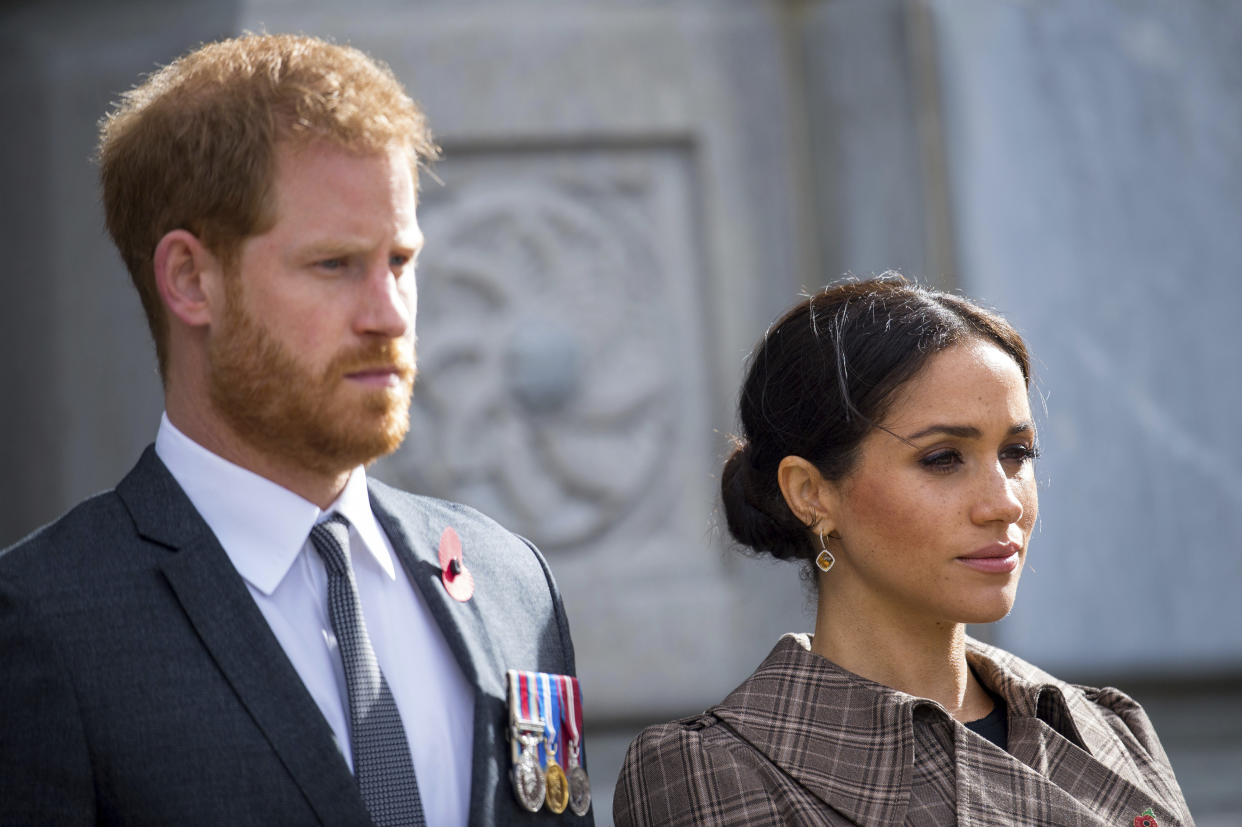 The Duke and Duchess of Sussex during a visit to view the newly unveiled UK war memorial and Pukeahu National War Memorial Park in Wellington, New Zealand, Sunday, Oct. 28, 2018. Prince Harry and his wife Meghan are on day 13 of their 16-day tour of Australia and the South Pacific. (Dominic Lipinski/Pool Photo via AP)