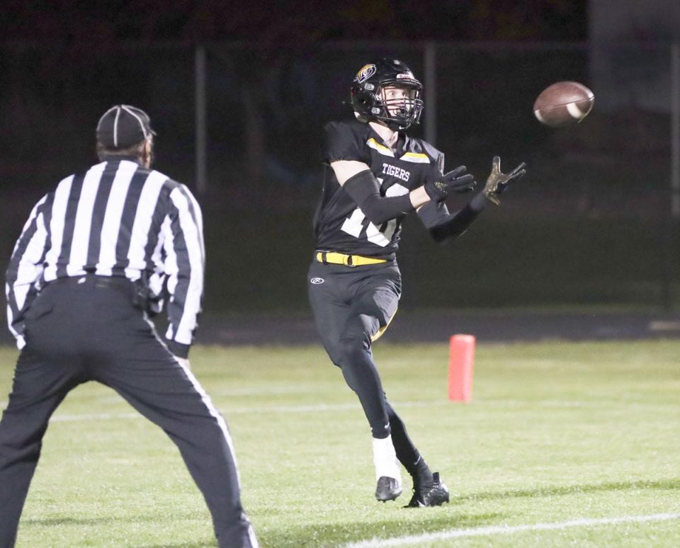 New London’s Evan Reed (10) reaches for Lone Tree’s Jack Sanchez in the Tigers game at New London.